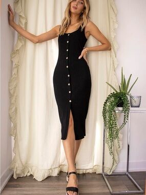Lulus Look of Leisure Black Ribbed Button-Front Midi Dress